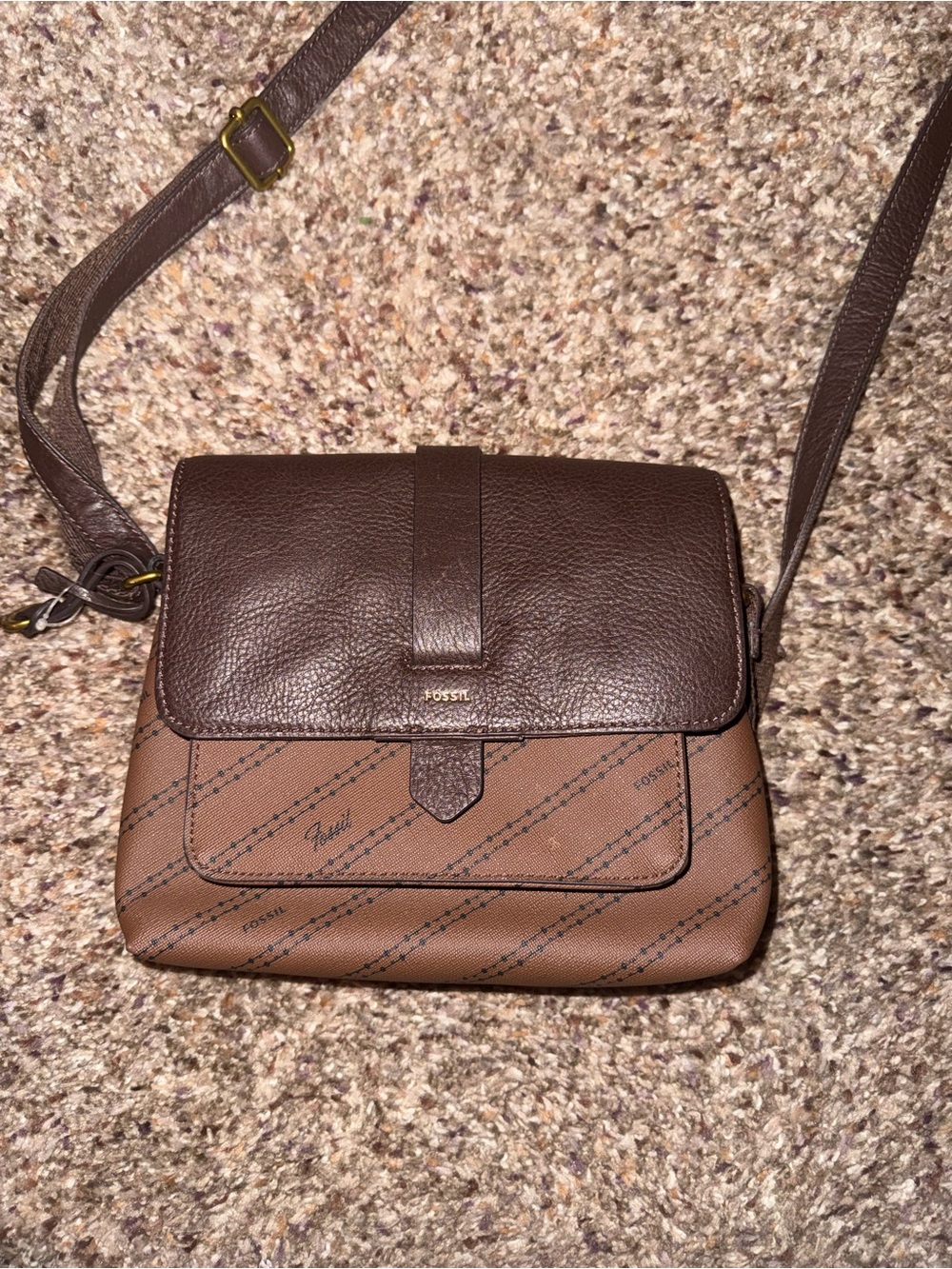 Fossil Brown Two-Tone Crossbody with Logo Print